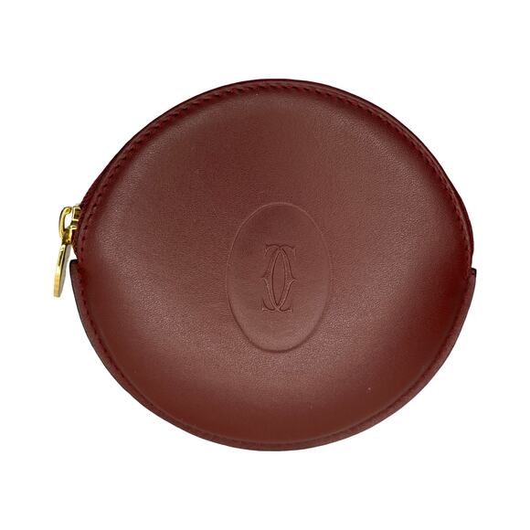 Vintage Must de Cartier Bordeaux Round Coin Purse Leather Gold Zipper Spain - Picture 1 of 13
